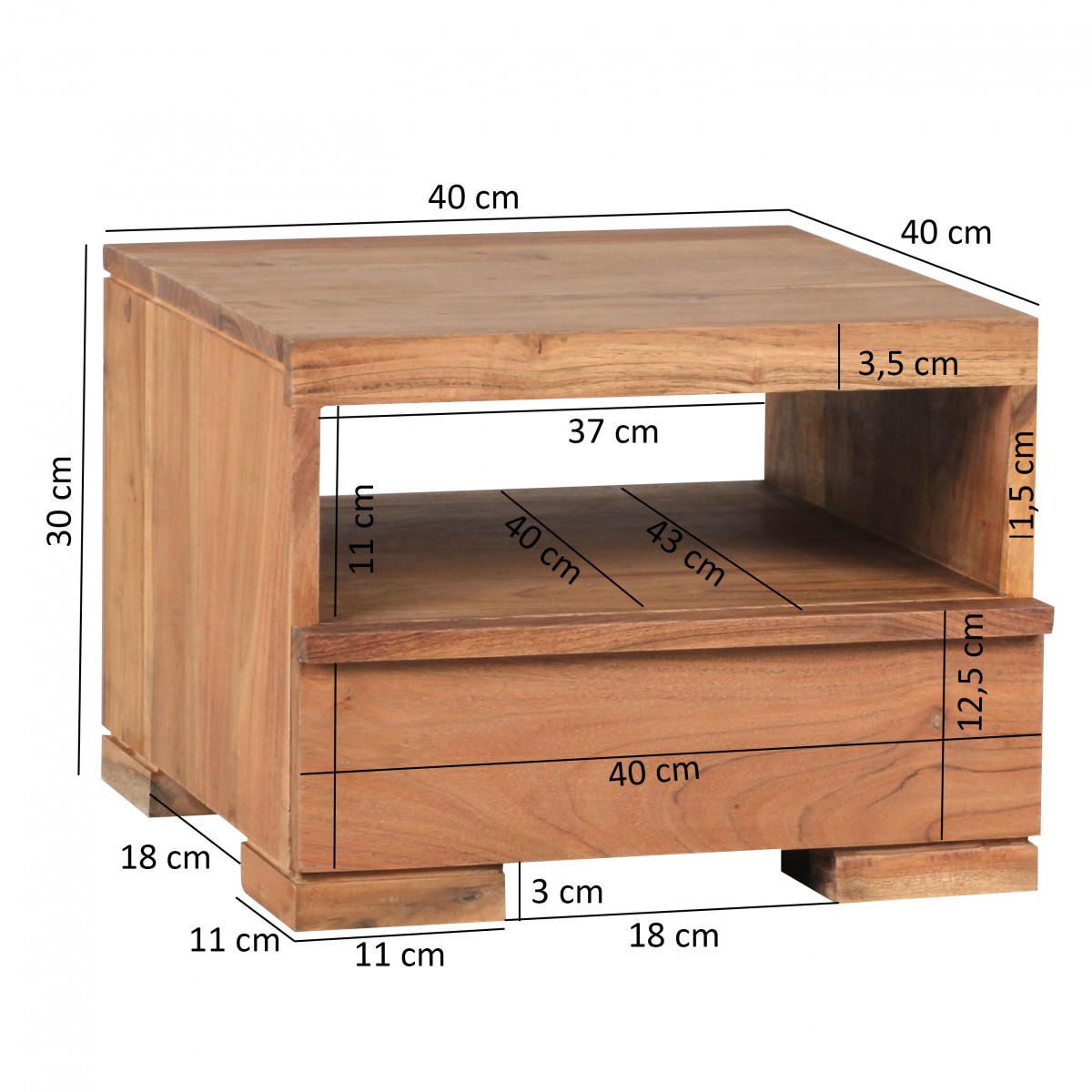 NACHTTISCH Massivholz Schublade Ablage Pflegeleicht NAKO, Beige 40x40x30 cm - Beige, Holz (40/30/40cm) - KADIMA DESIGN