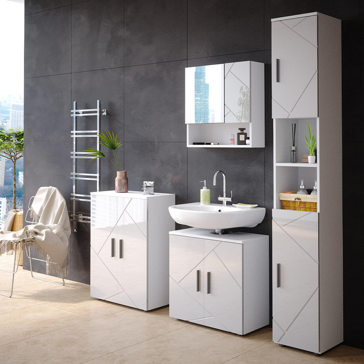 BADMÖBEL-SET Irma Weiß Hochglanz 4 Teile, mit Hochschrank und Kommode - Weiß Hochglanz/Weiß, Holzwerkstoff (80/58.6/41cm) - Vicco