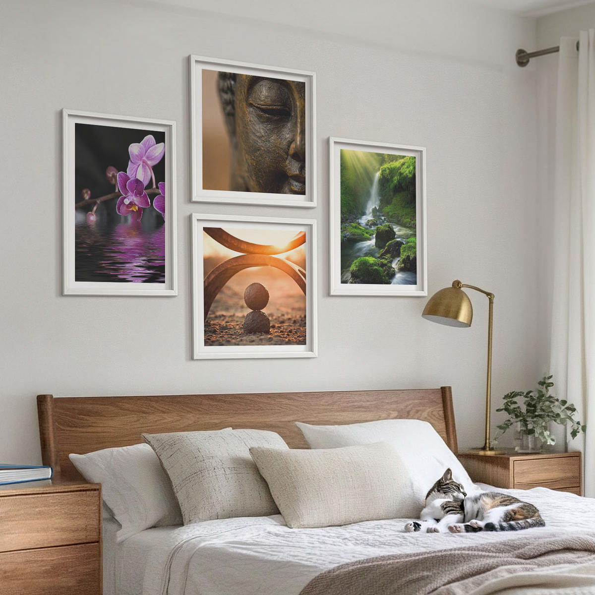 BILDER SET 4er Set - 50x50 cm & 40x60 cm Weißer Rahmen - Blumen im Wasser des Buddha-Wasserfalls - Weiß, Kunststoff (50/50cm) - TULUP