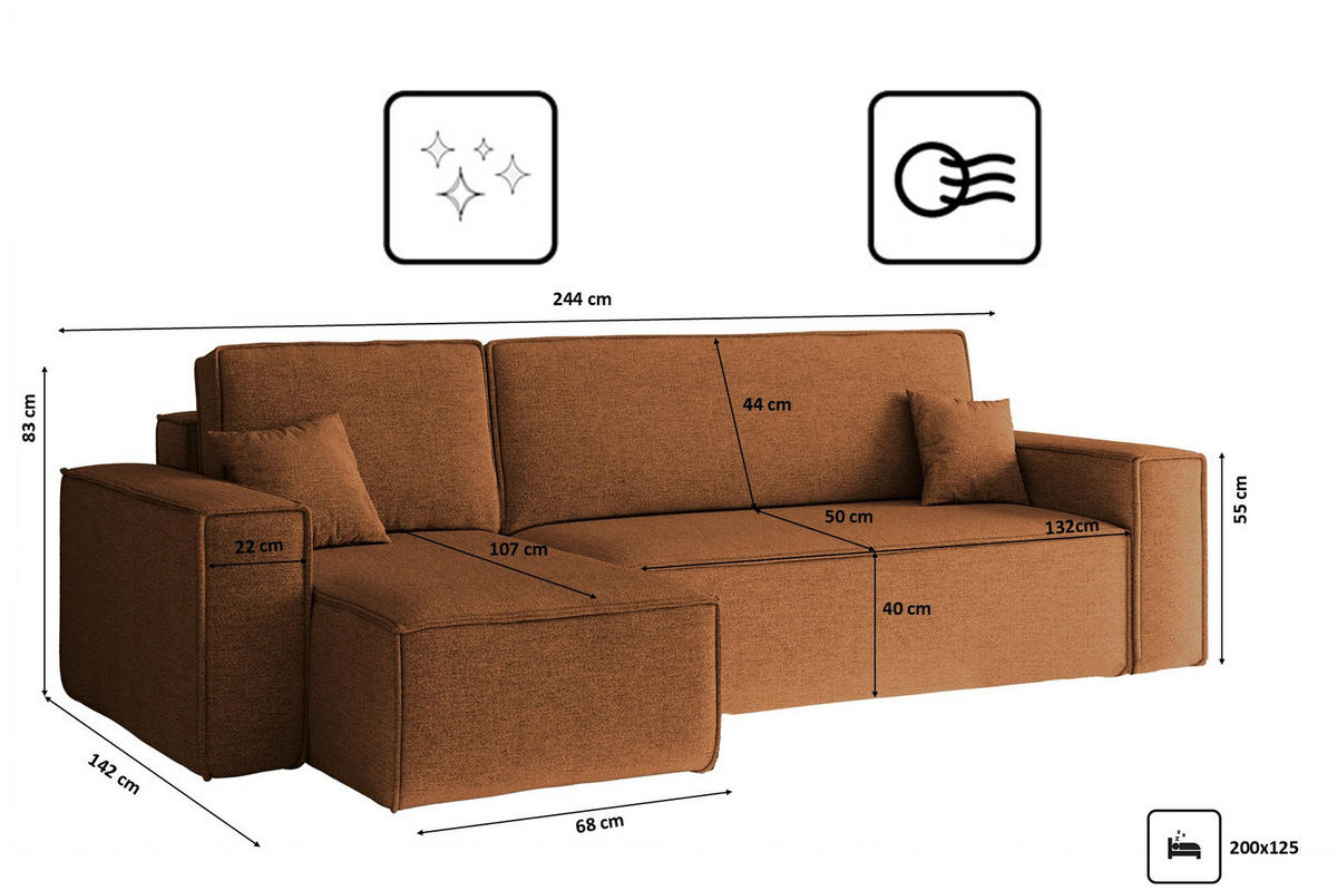 ECKSOFA, Best L-Form, Stoff Neve, Kupfer, Links - Orange, Holz (142/244cm) - Kaiser Möbel