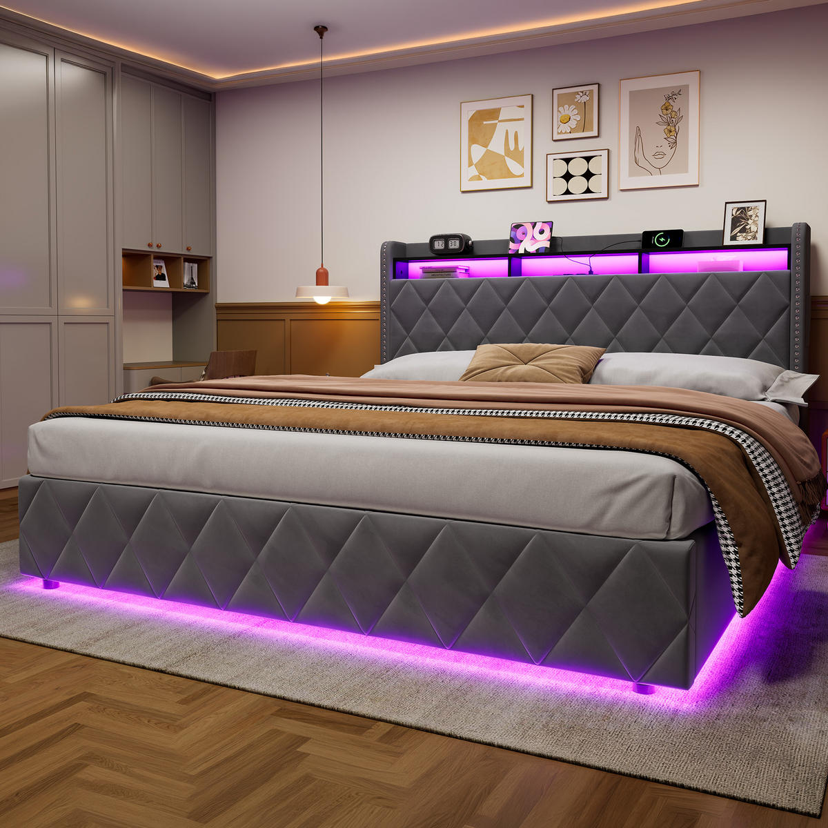 ČALOUNĚNÁ postel 180/200 cm tmavě šedá ze sametu, dřeva a kovu s LED osvětlením, úložným prostorem a nabíjecími konektory - tmavě šedá, textil (180/200cm) - OKWISH