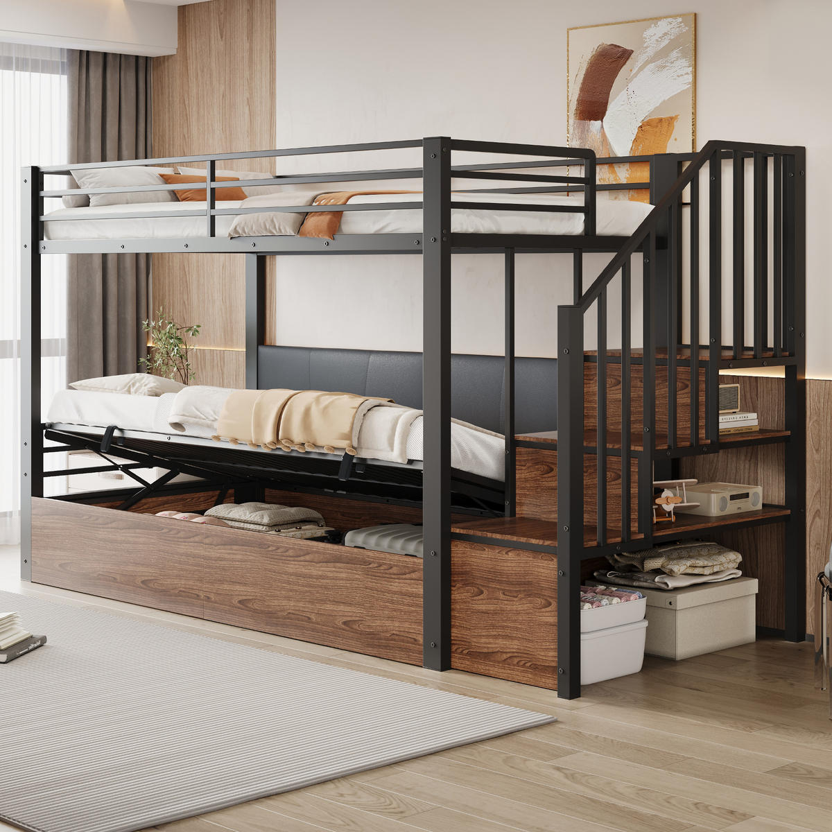 ETAGENBETT 90/200 cm DE-01541, in Schwarz, mit hydraulischer Funktion und gepolsterter Rückenlehne - Schwarz, Metall (90/200cm) - ComfortXL