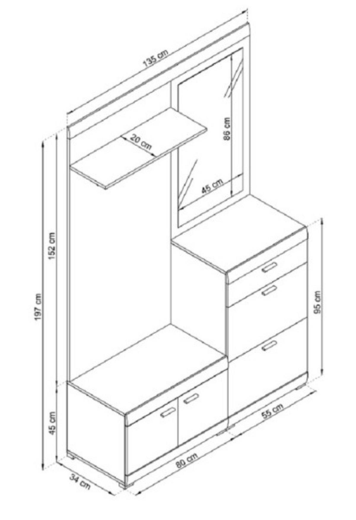 GARDEROBE Weiß Riviera Eiche Stillo Mit Spiegel Mit Regalen - Multicolor, Holzwerkstoff (135/197/34cm) - Sepro Meble