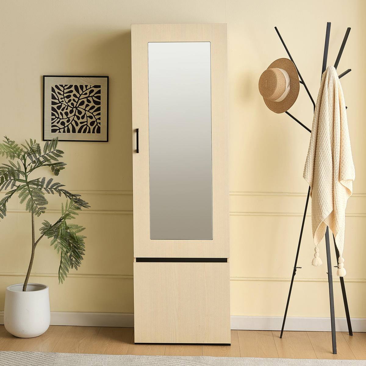 GARDEROBE Schmal mit Spiegel und ausziehbarer Kleiderstange - Ahornfarben, Holzwerkstoff (34.5/179.5/54cm) - Korfee