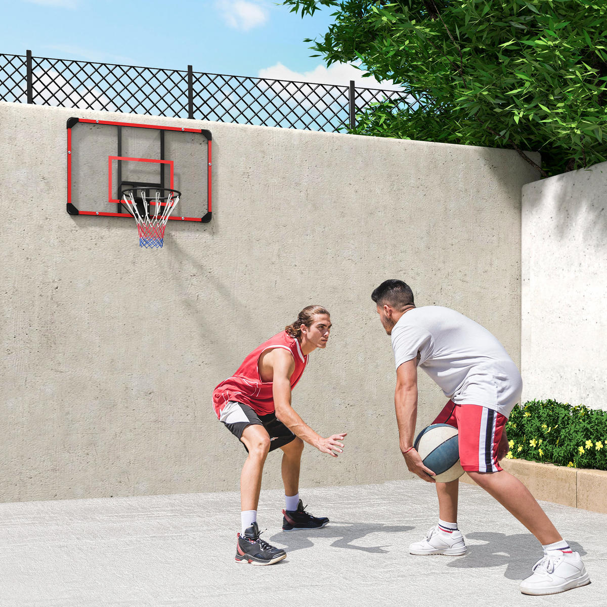 BASKETBALLKORB, Basketballbrett mit Korb, Wandmontage, für Outdoor, Stahl - Rot, Metall (61/113cm) - SPORTNOW