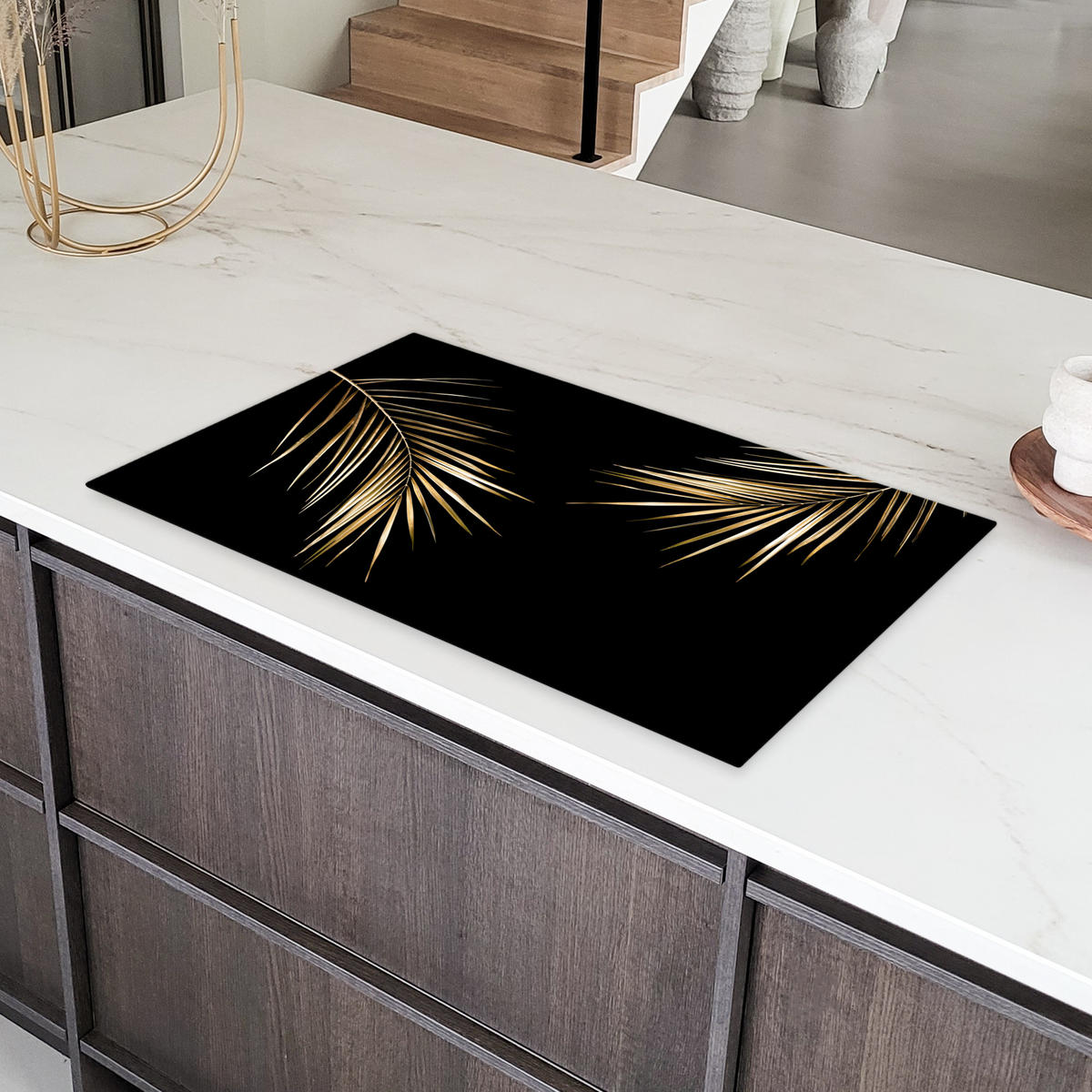 HERDABDECKPLATTE Blätter - Pflanzen - Gold - Schwarz - Luxus Induktionsschutz 89.6x51.6 cm - Goldfarben, Kunststoff (89.6/51.6/0.2cm) - MuchoWow