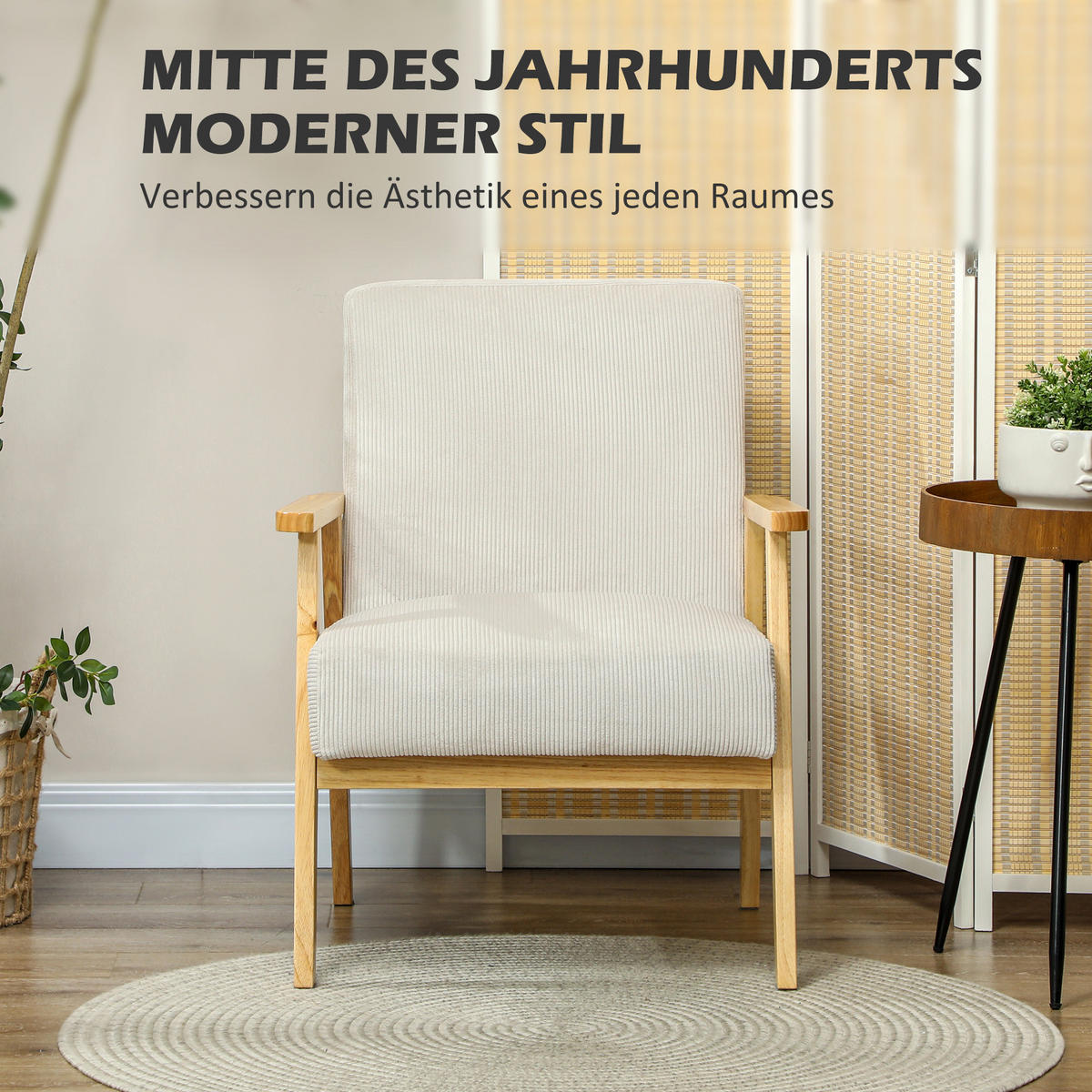 SESSEL Loungesessel mit Armlehne, Holzbeine für Wohnzimmer Cremeweiß - Weiß, Kunststoff (67/77/59cm) - HOMCOM