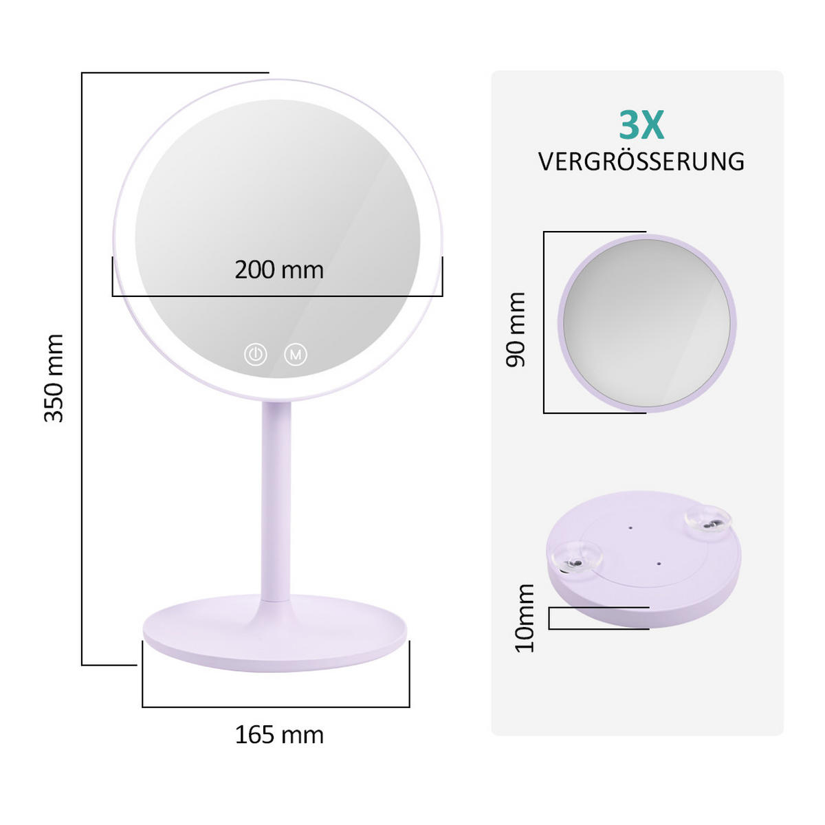 KOSMETIKSPIEGEL mit Licht mit Abnehmbare Saugnapfes, Violett, φ20 cm - Lila, Glas (20/35/20cm) - EMKE