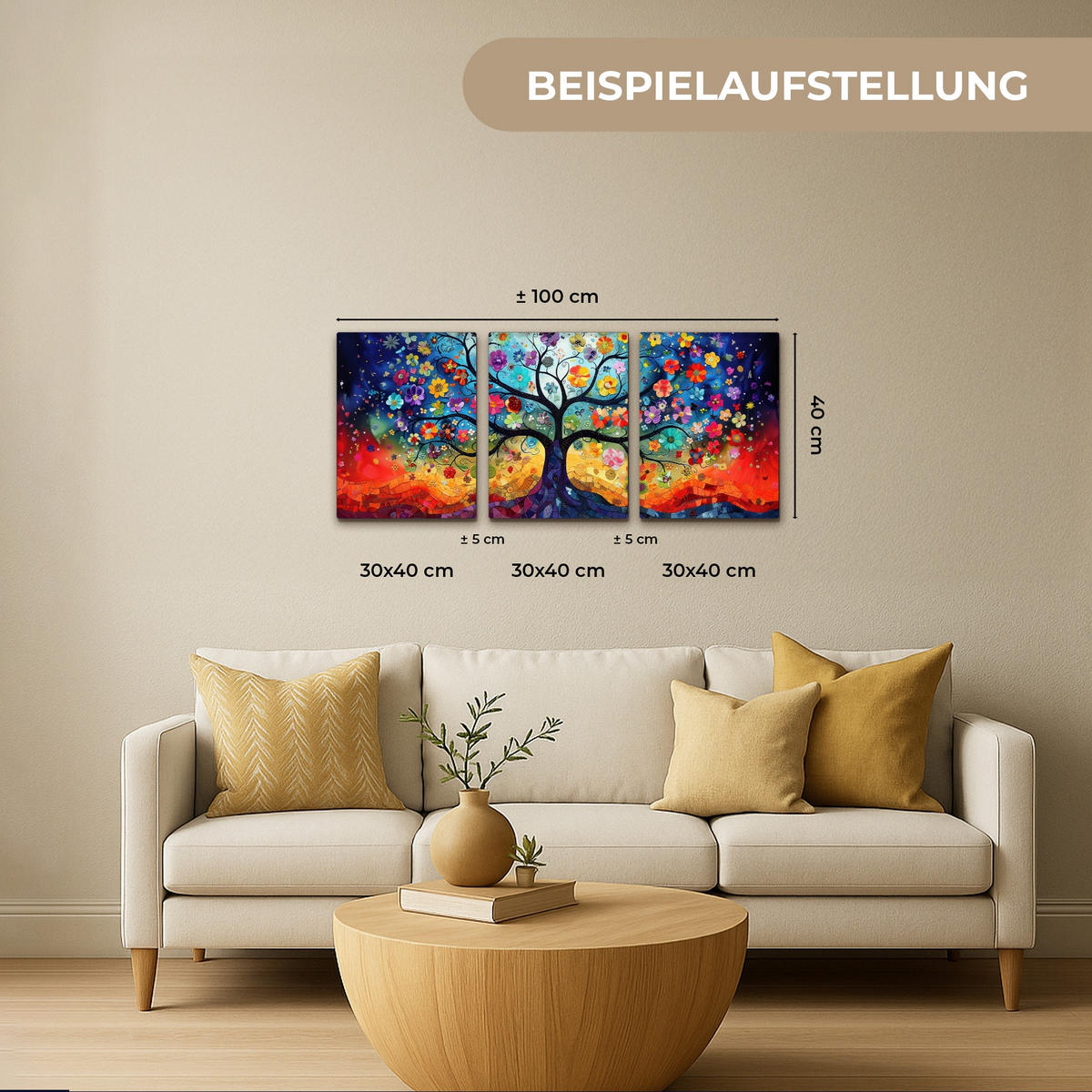 OBRAZ NA PLÁTNĚ 3dílná sada Barevné - Strom života - Květiny - Abstraktní 90x40 cm - modrá, textil (90/40cm) - MuchoWow