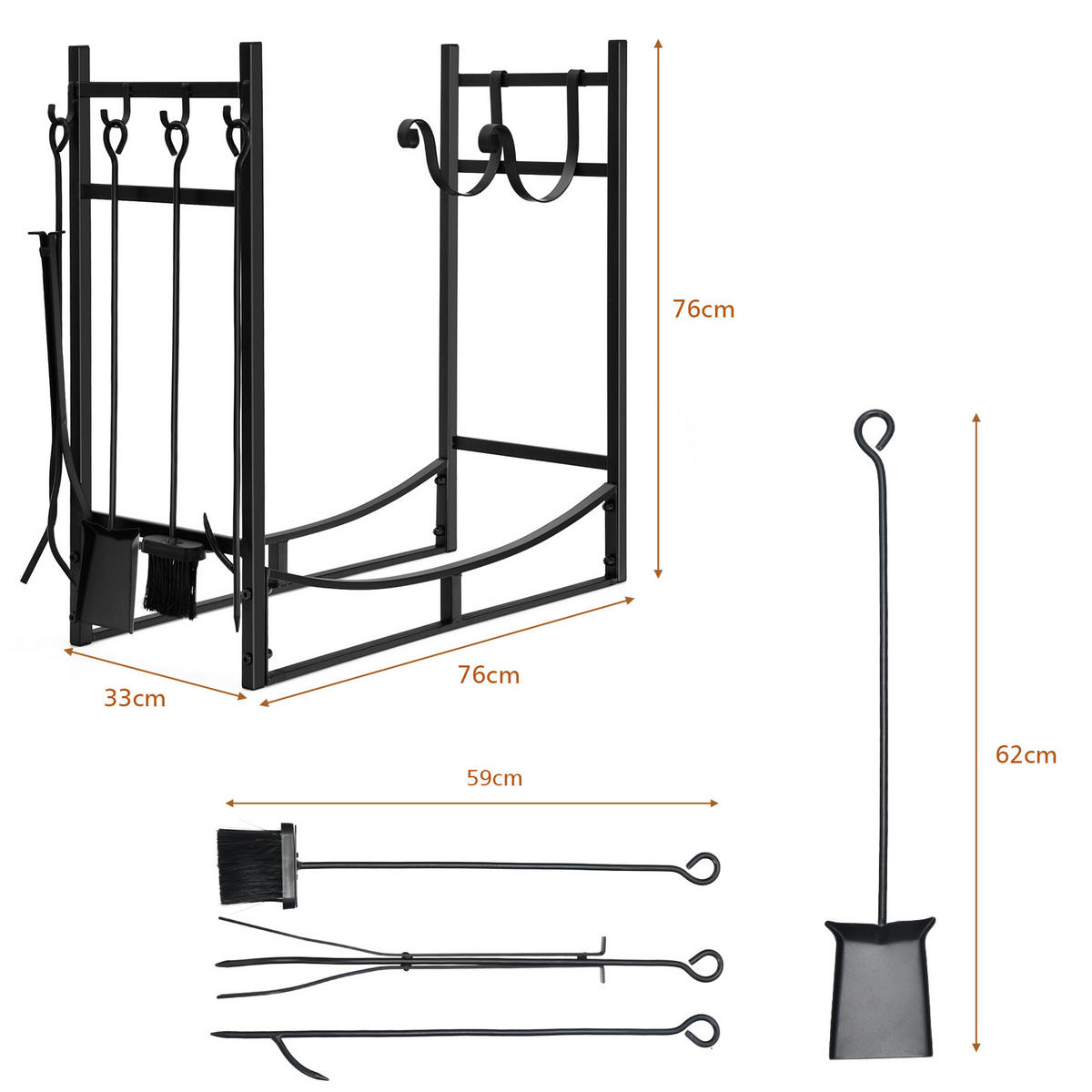 KAMINHOLZREGAL Schwarz - Schwarz, Metall (33/76/76cm) - COSTWAY