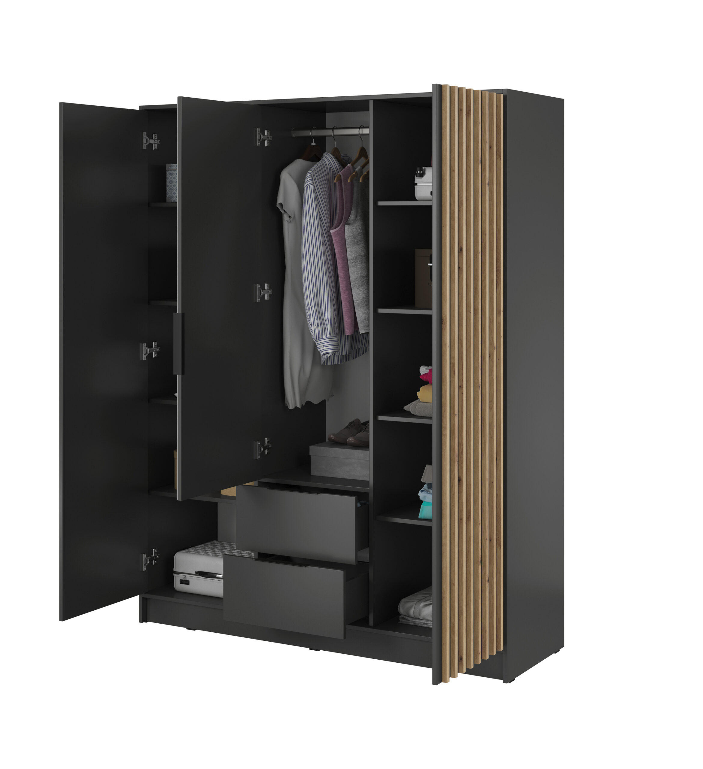 DREHTÜRENSCHRANK - John 3D mit Spiegel Graphit + artisan - Graphitfarben, Holzwerkstoff/Metall (155/200/51cm) - Möblo