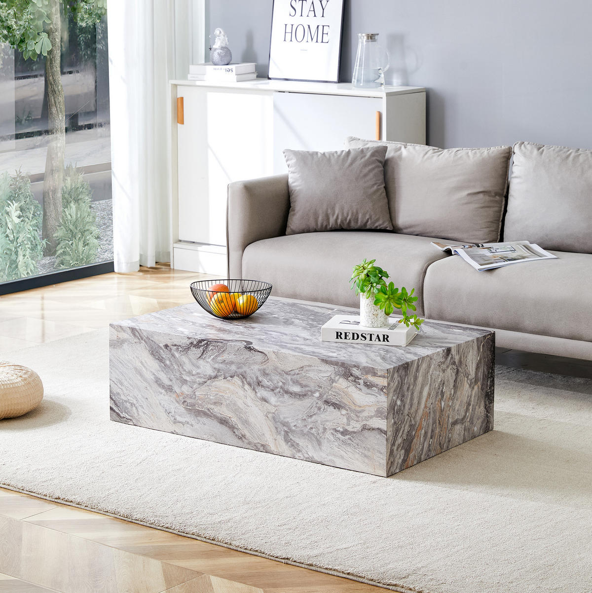 KONFERENČNÍ stolek 90/50/30 cm šedý z MDF s dekorem mramoru bez montáže - šedá, kompozitní dřevo (90/50/30cm) - OKWISH