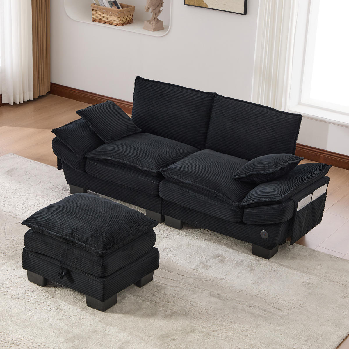 2-SITZER SOFA Cord Schwarz mit Hocker, USB-C und Seitentaschen - Schwarz, Holzwerkstoff/Kunststoff (190/132cm) - WISHDOR