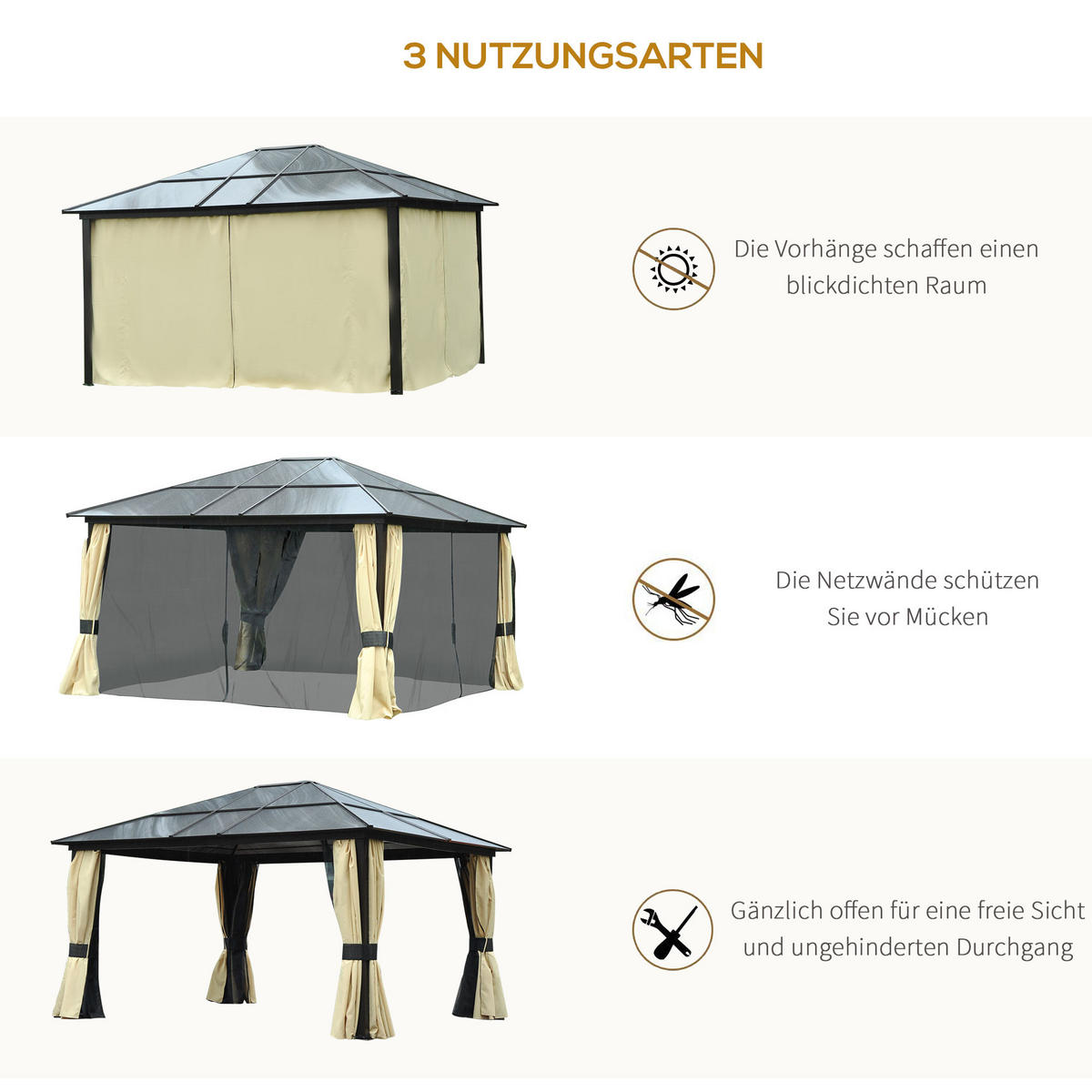 PAVILLON, Schwarz+Braun+Beige, Polyestergewebe(außen), Moskitonetz(innen) - Schwarz, Kunststoff (360/275/420cm) - Outsunny
