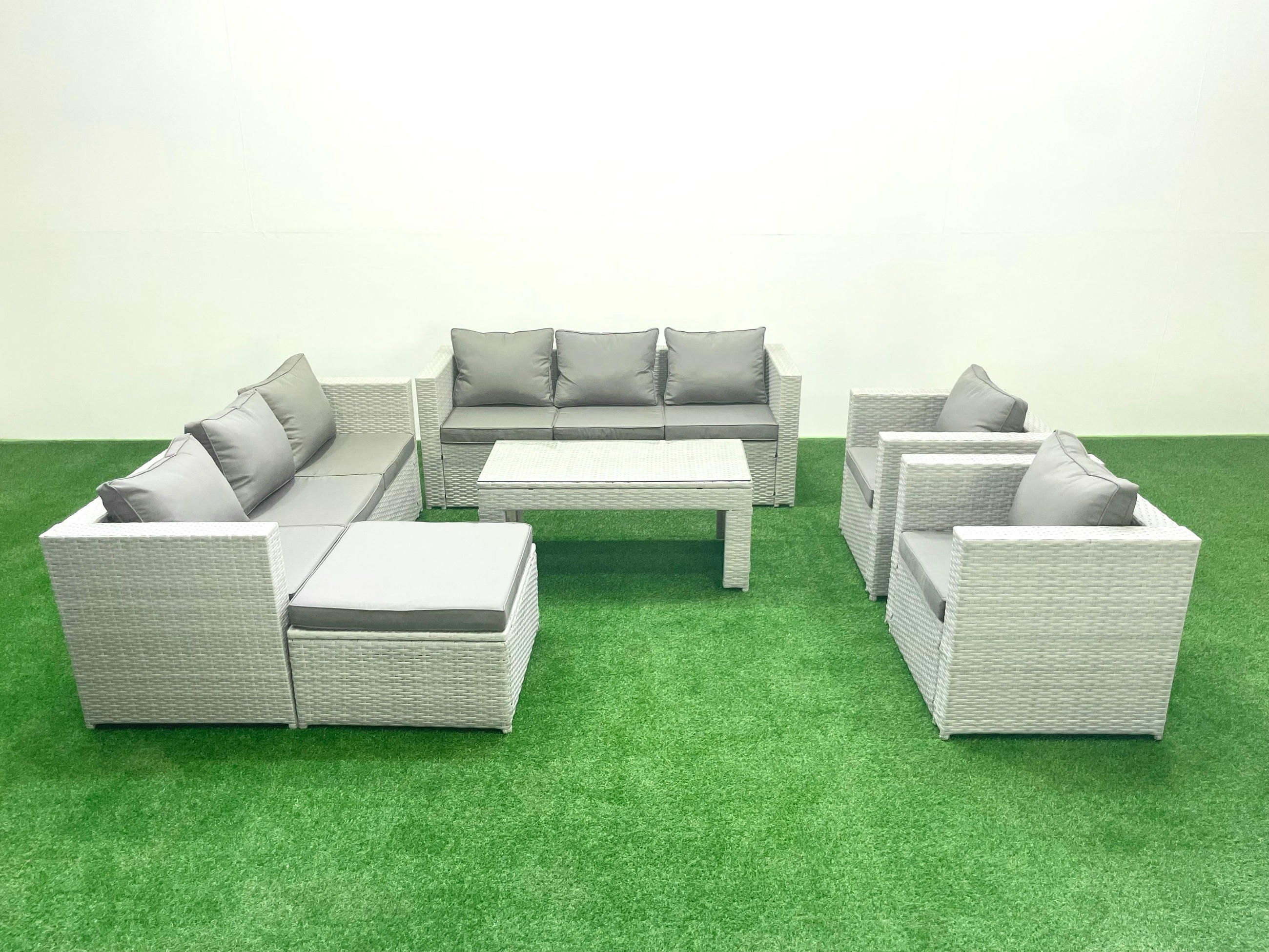 GARTENSOFA hohe Rückenlehne Polyrattan Hellgrau-Mix 9-Sitzer - Hellgrau/Grau, Glas/Kunststoff - Fimous