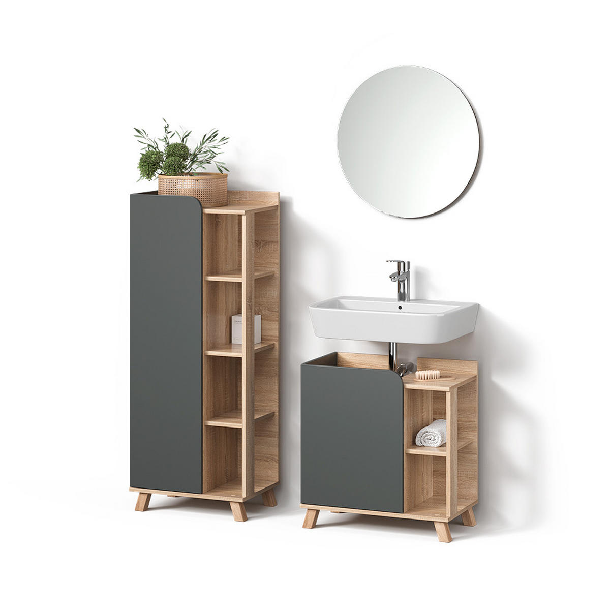 BADMÖBEL-SET Marano Anthrazit 3 Teile - Anthrazit/Sonoma Eiche, Holzwerkstoff (35/65/60cm) - Livinity®