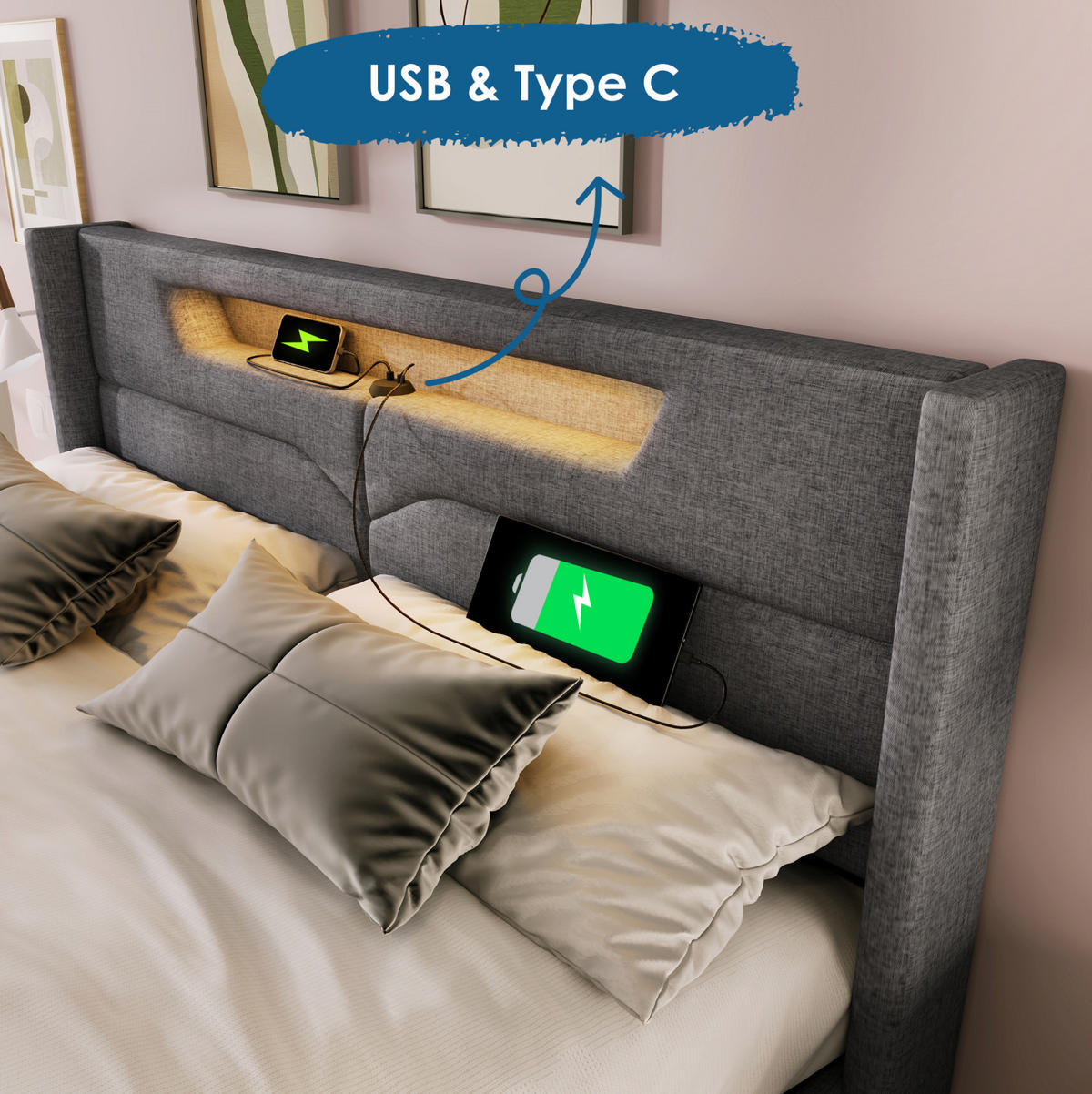 POLSTERBETT 160/200 cm aus Leinen mit LED-Beleuchtung USB-C und Stauraum Grau - Grau, Textil (160/200cm) - Modenvie