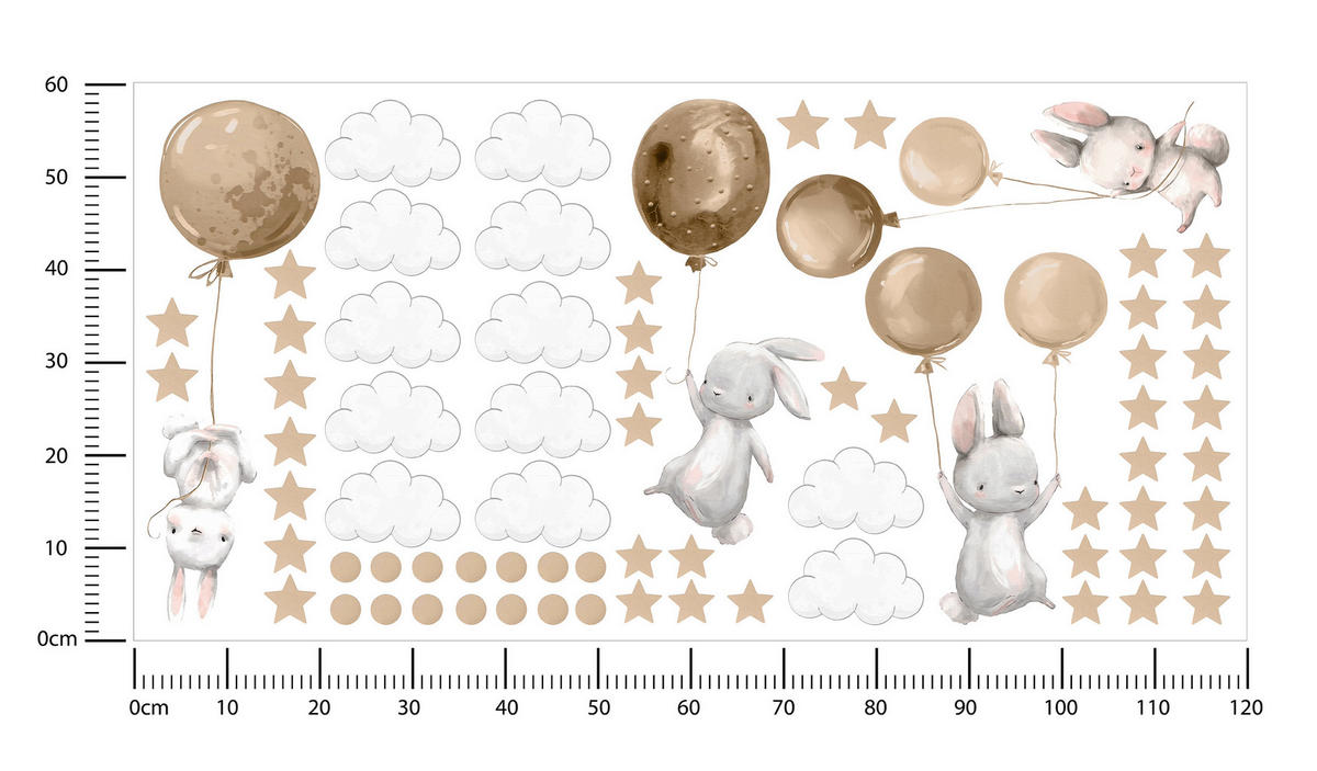 WANDAUFKLEBER SET Hasen Ballons Wolken Sterne 120x60 - Beige/Braun, Papier (120/60/1cm) - Muralo