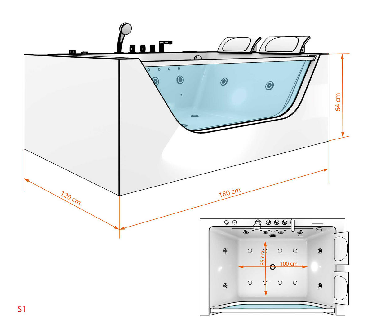 WHIRLPOOL Pool Wanne W42-L-EA 180x120cm - Weiß, Glas/Kunststoff (120/64/180cm) - AcquaVapore by Sandra Jentho