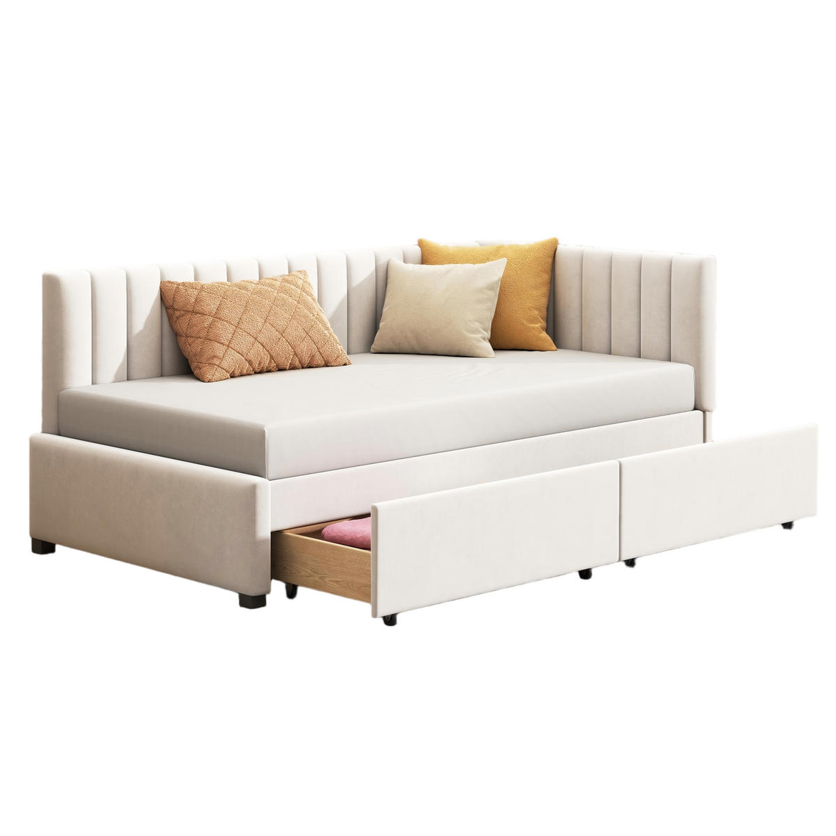 MULTIFUNKTIONSBETT 90/200 Beige mit Stauraum und Lattenrost aus Samt - Beige, Leder - OKWISH
