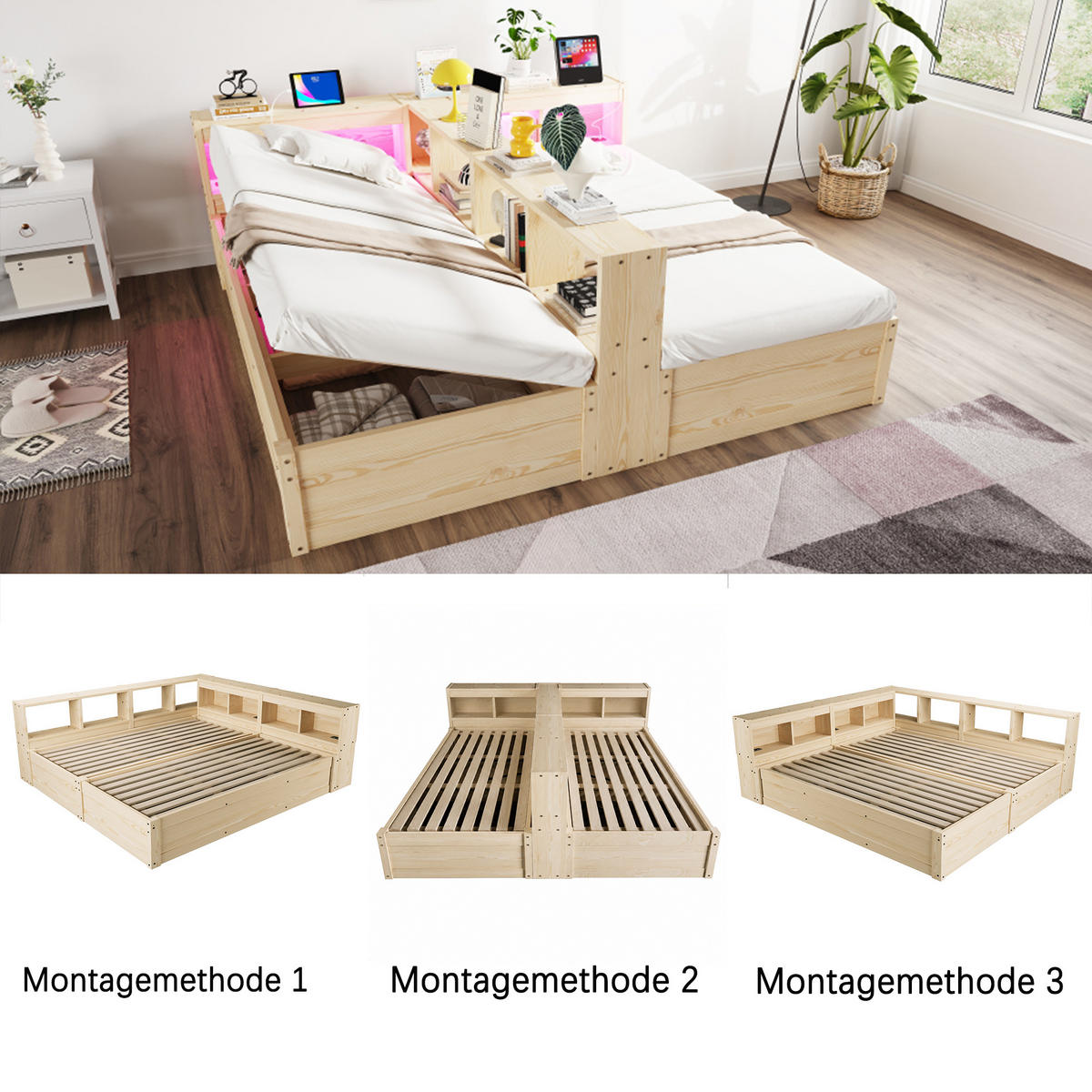 SCHLAFSOFA 90x200cm LED Stauraum Steckdose Holzbett Holz - Naturfarben, Holzwerkstoff (180/200cm) - FLIEKS