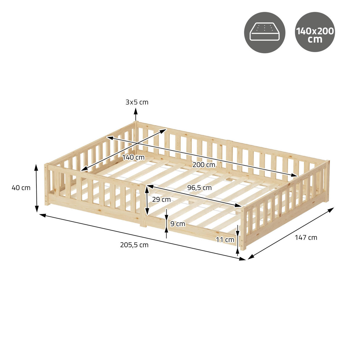 KINDERBETT 140x200 cm Natur aus Kiefernholz - Naturfarben, Holz (200/140cm) - ML-DESIGN