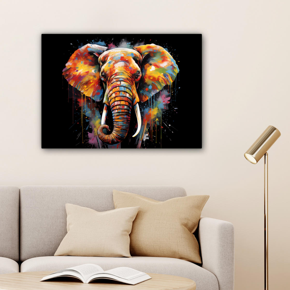 LEINWANDBILD Elefant - Graffiti - Schwarz - Tiere - Farben Wandbilder 80x60 cm - Schwarz, Textil (80/60cm) - MuchoWow