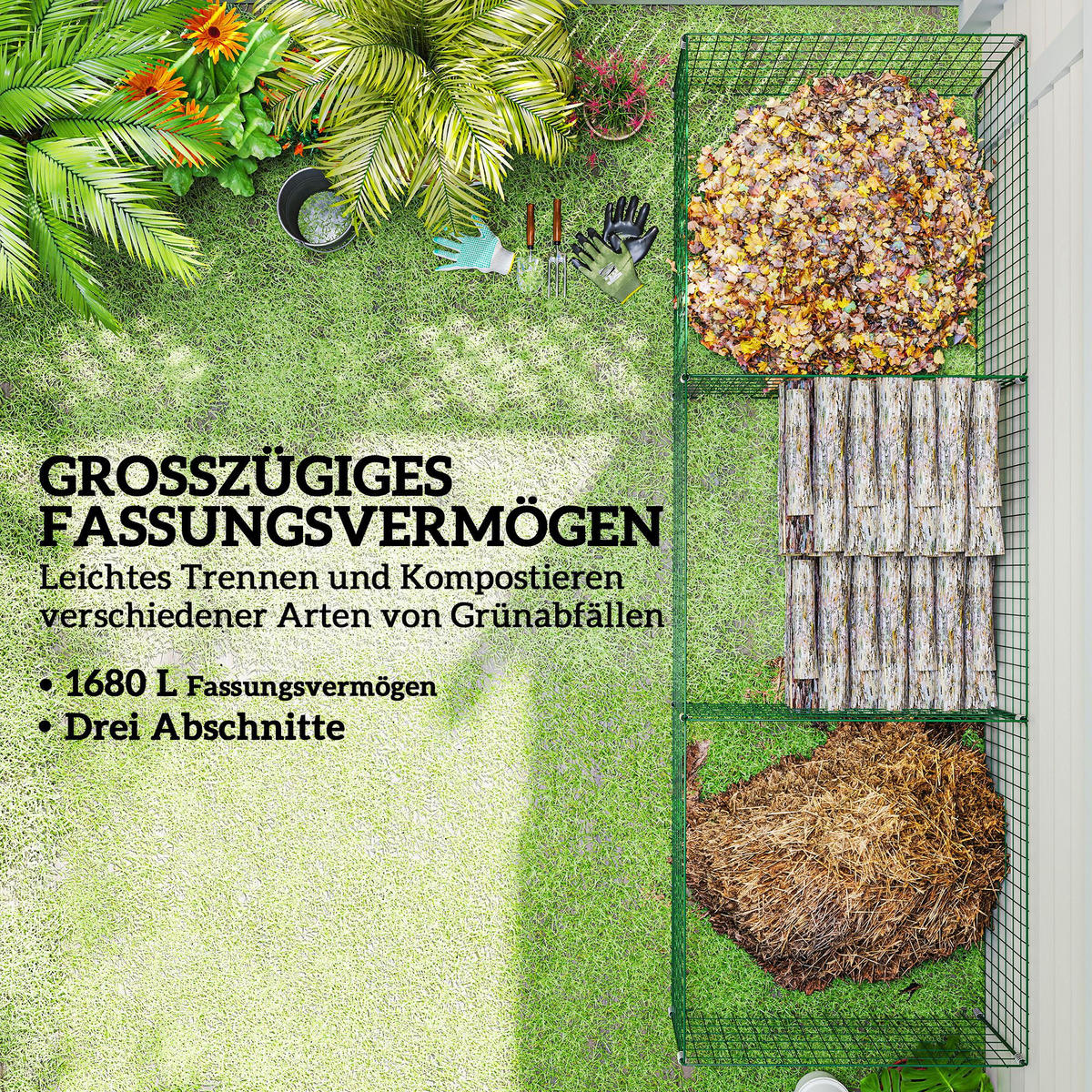 KOMPOSTER DE-10053 3-teilig, 1680 Liter Grün - Grün, Metall (90/70/270cm) - ComfortXL
