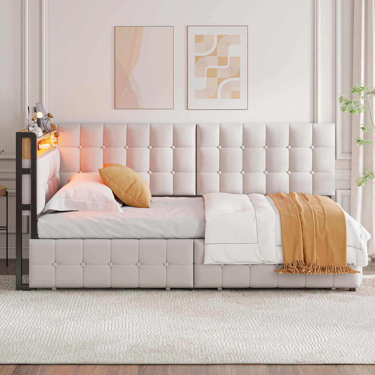 POLSTERBETT 90x200 cm mit LED, USB-C, Schubladen, Beige - Beige, Holz (90/200cm)