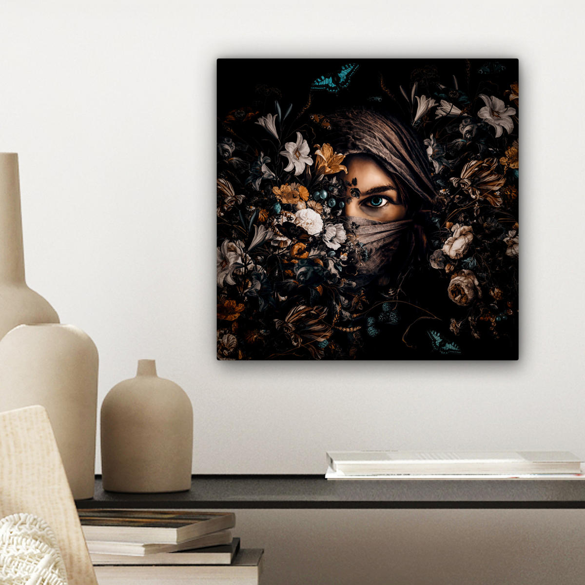 LEINWANDBILD Frau - Luxus - Blumen - Schmetterling - Porträt 20x20 cm - Schwarz, Textil (20/20cm) - MuchoWow