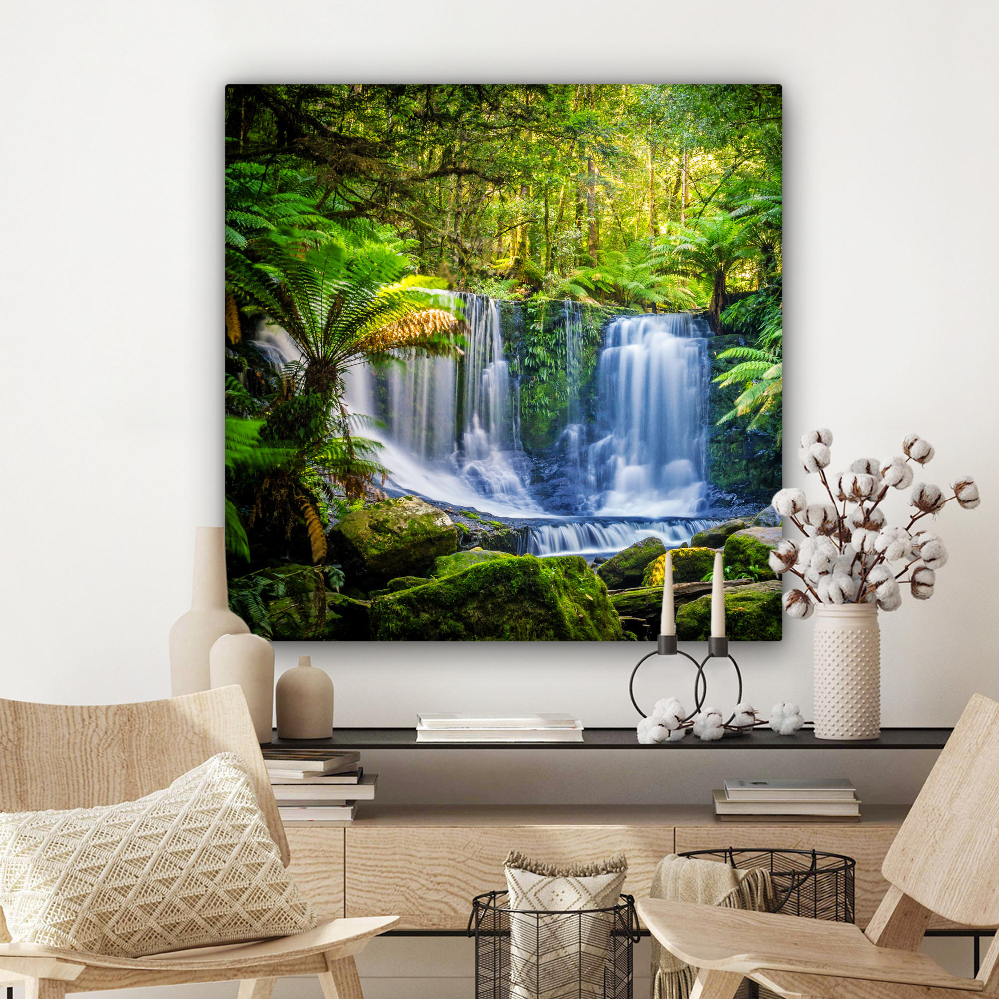 LEINWANDBILD Dschungel - Wasserfall - Australien - Pflanzen - Natur 90x90 cm - Dunkelgrün, Textil (90/90cm) - MuchoWow