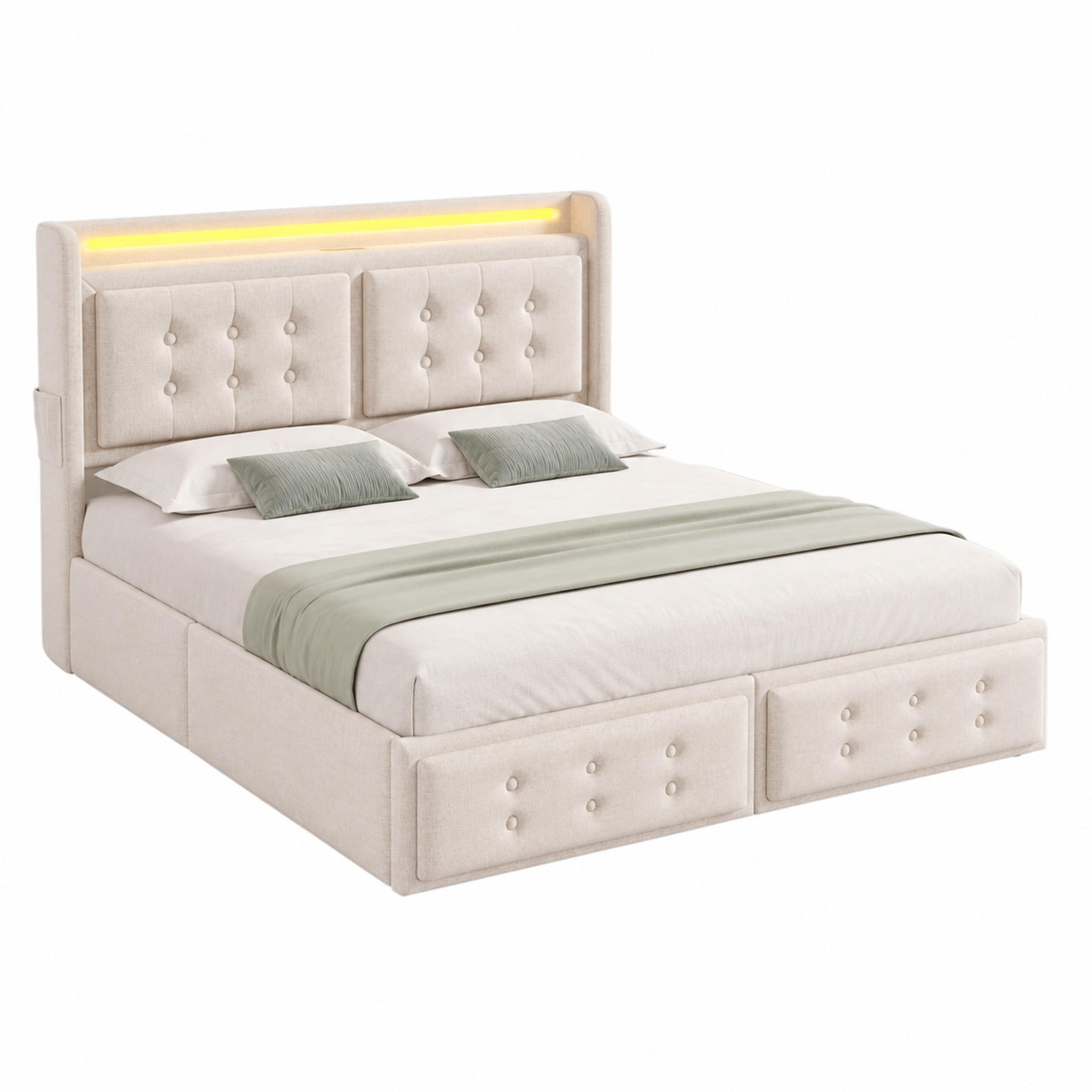 BETT mit Matratze 140x200 cm Beige Baumwoll-Leinen mit LED und 4 Schubladen - Beige, Metall (140/200cm) - Meubliv