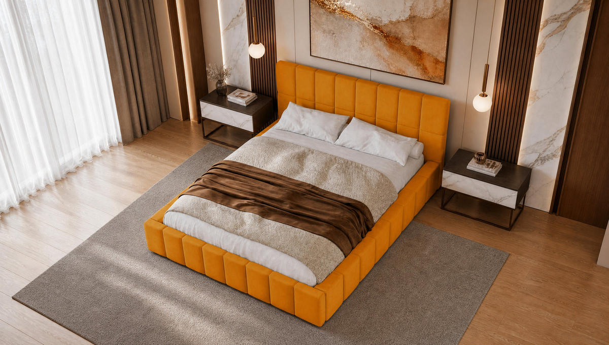 POLSTERBETT 140x200 cm, Alma, Doppelbett mit Bettkasten, Lattenrost aus Holz, Velourstoff, Gelb - Gelb, Holz/Textil (140/200cm) - Marpur