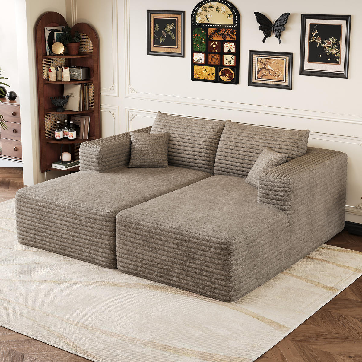 SCHLAFSOFA DE-34891 mit Chaiselongue Camel - Sandfarben, Textil (151/180cm) - ComfortXL