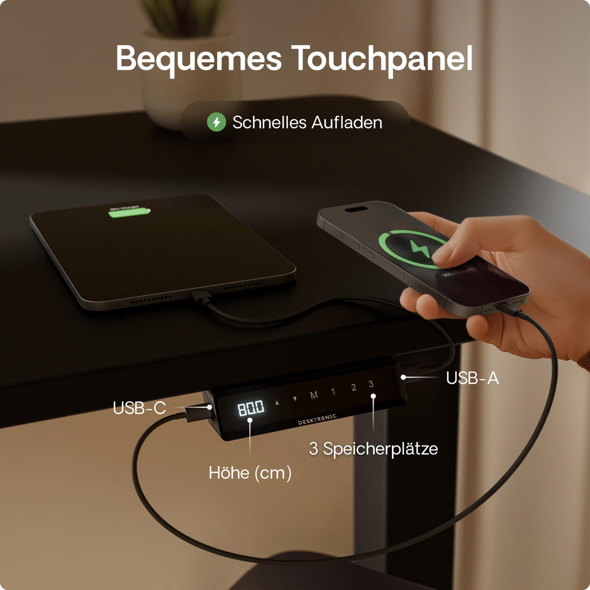 SCHREIBTISCH Elektrisch Höhenverstellbarer HomeOne 120x60cm Schwarz/Schwarz mit Memory-Funktion, Anti-Kollisions Technologie - Schwarz, Holzwerkstoff (60/120/72cm) - Desktronic