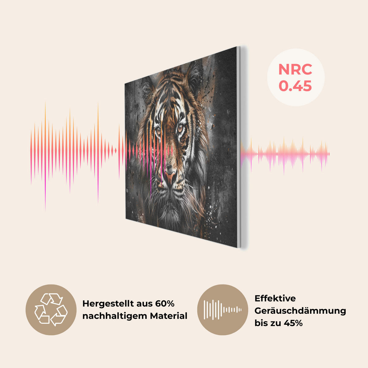 AKUSTIKBILD Tiger - Tiere - Porträt - Luxus - Schwarz Akustikpaneele 90x60 cm - Braun, Kunststoff (90/60/0.9cm) - MuchoWow