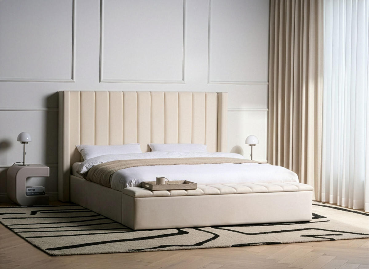 BETT mit Stauraumbank 180/200 cm Samtstoff Cremeweiß Noyers - Creme, Textil (180/200cm) - Beliani