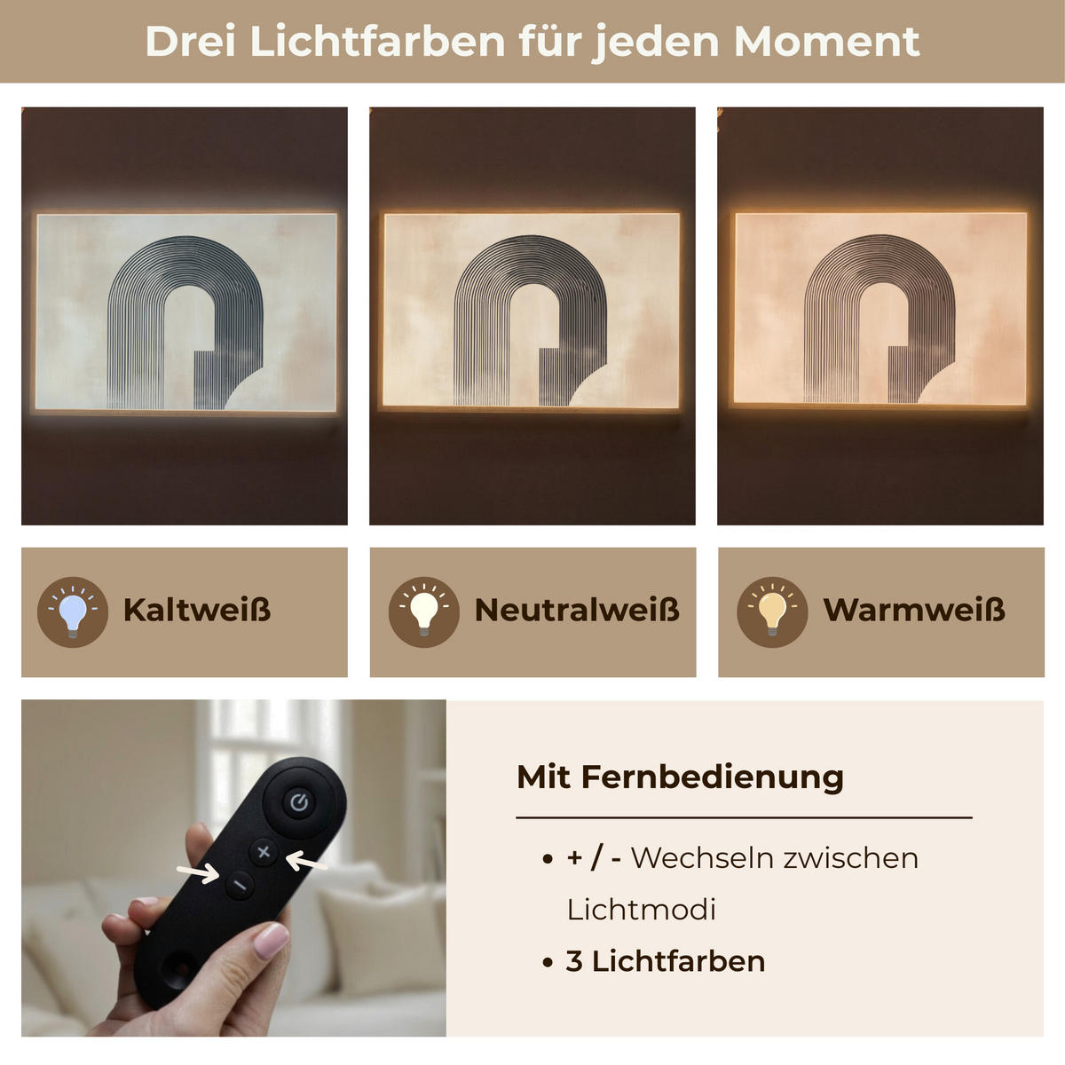 WANDLEUCHTE MIT AKKU Schleife - Streifen - Minimalistisch - Schwarz 90x60 cm - Beige, Holzwerkstoff (90/60/8cm) - OnlyWow
