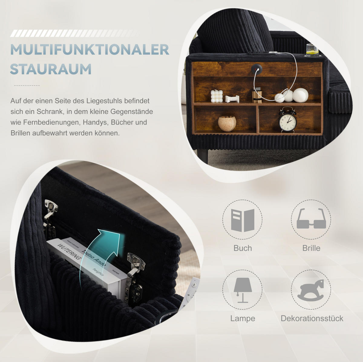 SCHLAFSOFA 129/170/70 cm aus Cord mit LED-Beleuchtung und USB-Anschluss Schwarz - Schwarz, Textil (170/70/129cm) - Modenvie