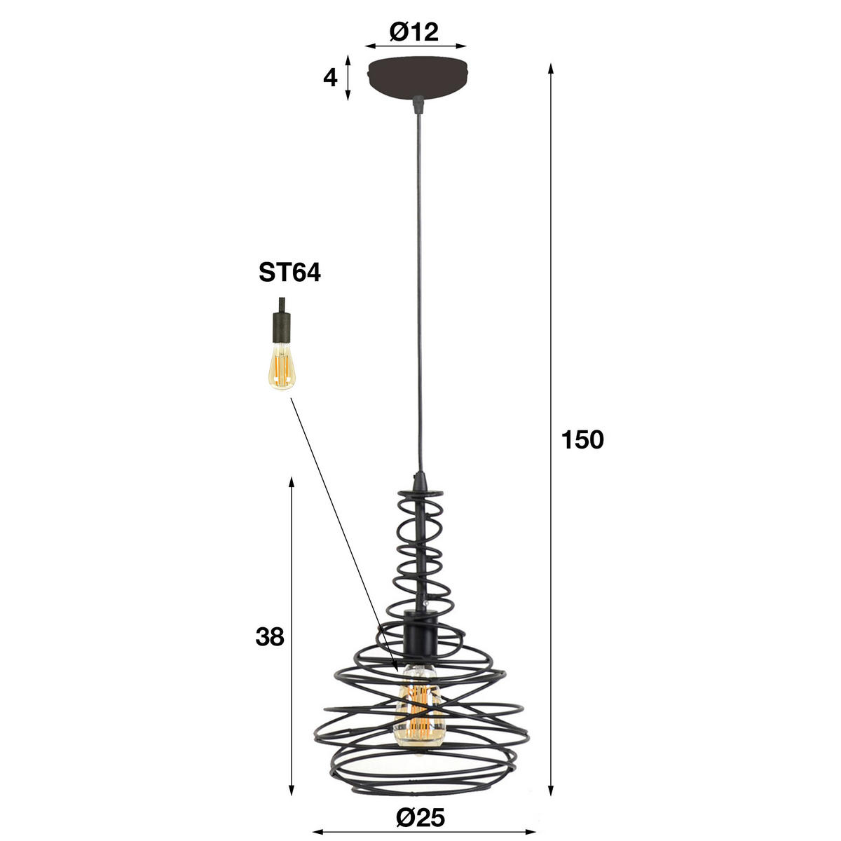 HÄNGELEUCHTE Kegel Schwarz 25/25/ 150 cm - Schwarz, Metall (25/25/150cm) - Hoyz Collection
