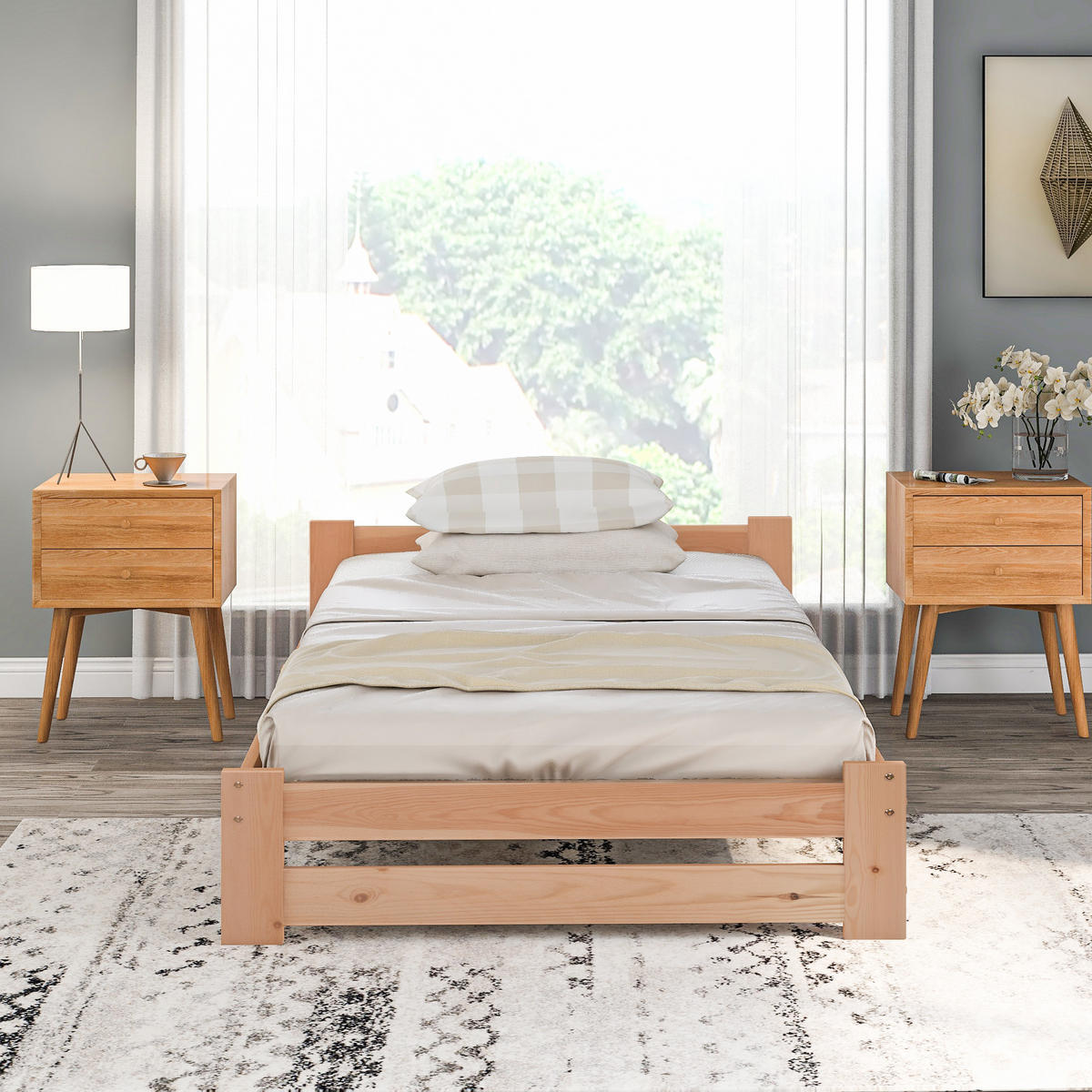 BETT 90/200 cm Natur aus Kiefer mit Kopfteil und Lattenrost - Naturfarben, Holz (90/200cm) - OKWISH