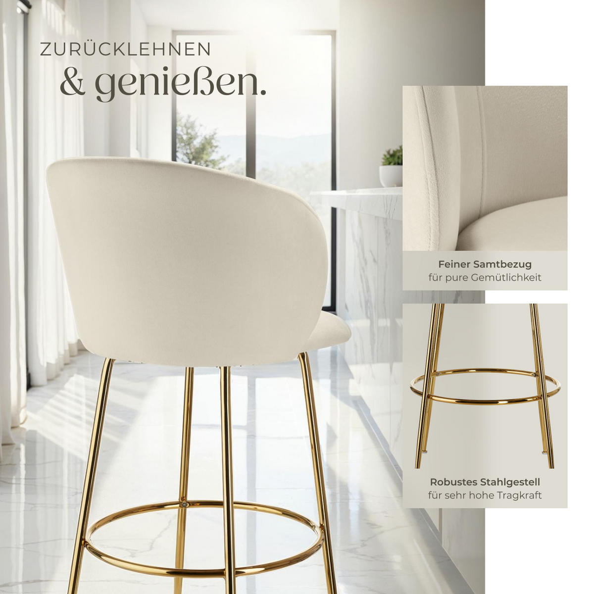 BARSTUHL Luana,51 x 60 x 106 cm, Belastbarkeit 120 kg,creme/gold - Goldfarben/Creme, Kunststoff (51/106/60cm) - tectake