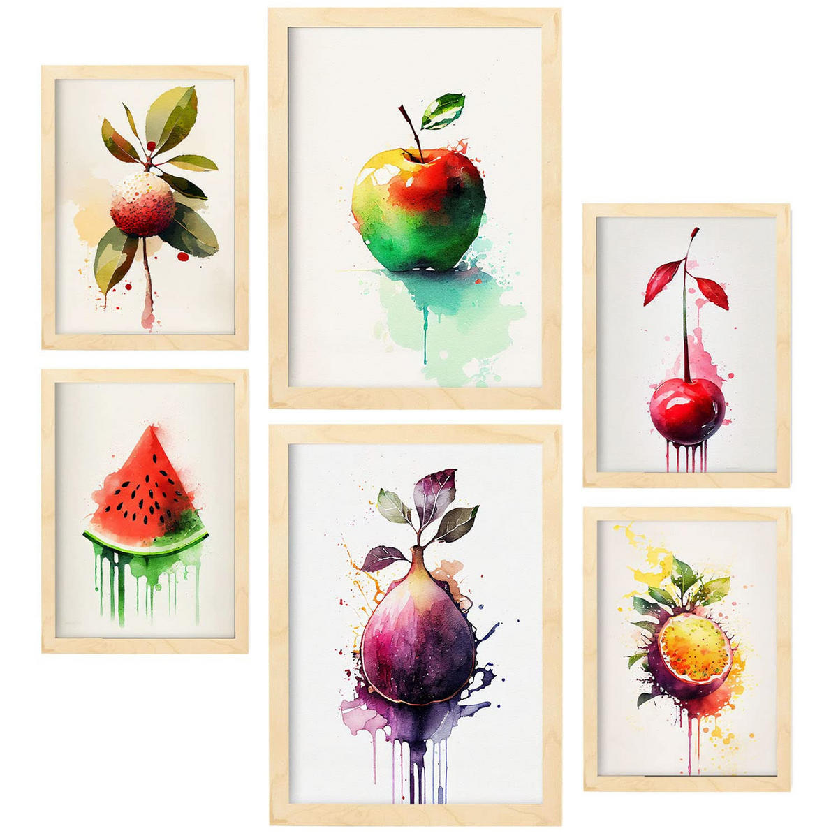 POSTER Set Mit 6 Regenbogenfrucht Größe A3 & A4 Rahmen aus hellem Holz - Beige, Papier (29.7/1cm) - Nacnic