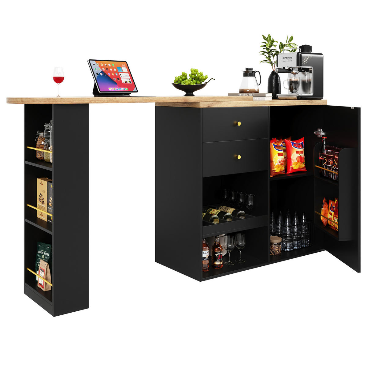 DREHBARER Bartisch/Schrank aus MDF, 105/39/102 cm + drehbares Regal, Schwarz, mit 4 Schubladen - Schwarz, Holzwerkstoff (39/102/105cm) - Redom