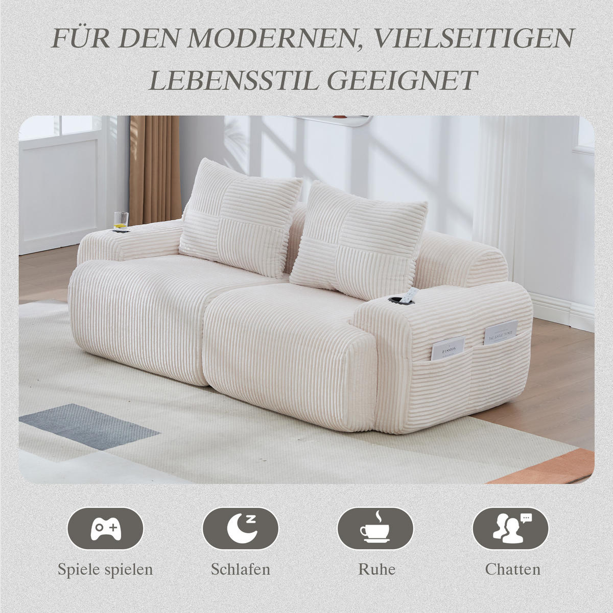 2-SITZER Sofa Cord mit Getränkehalter und Seitentasche 200/99/80 cm Beige - Beige, Textil (99/80/200cm) - Redom
