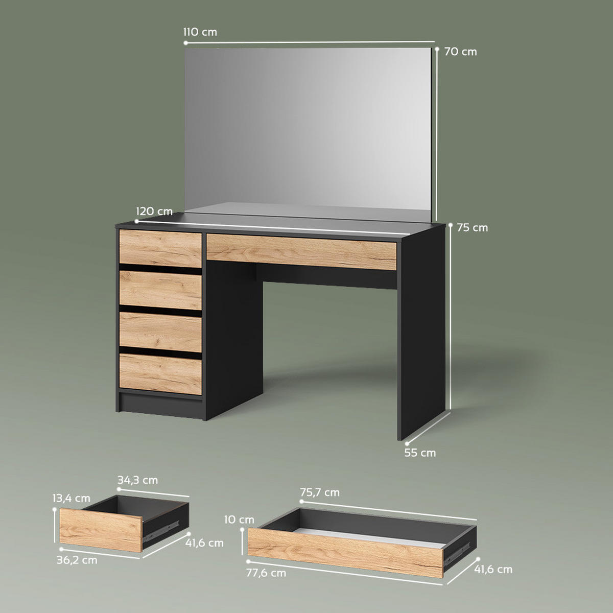 SCHMINKTISCH Imola Anthrazit/Goldkraft Eiche 120 cm - Anthrazit/Eiche Wotan, Holzwerkstoff (120/75/55cm) - Livinity®