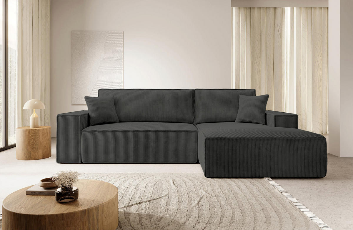 ECKSOFA Farese Dunkelgrau Cordbezug - Dunkelgrau/Schwarz, Kunststoff/Textil (267/167cm) - Selsey