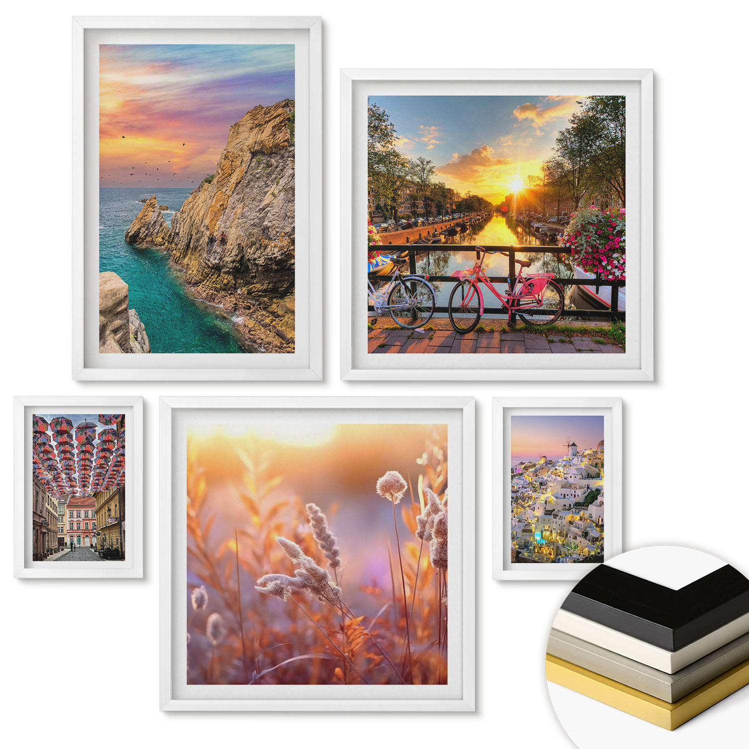 WANDBILDER 5er-Set - 50x50 cm & 20x30 cm & 40x60 cm Weißer Rahmen - Sonnenuntergänge am Meer - Weiß, Kunststoff (40/60cm) - ArtPrintCave