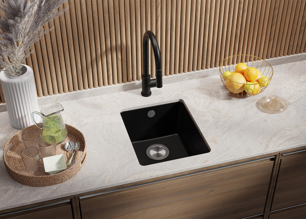 UNTERBAUSPÜLE GRANIT Venedig Easy, 2-er set Alles Schwarz 36/44 cm 1 Becken + Ablauf-Set ab 40er Unterschrank - Schwarz, Kunststoff (36/20/44cm) - Primagran