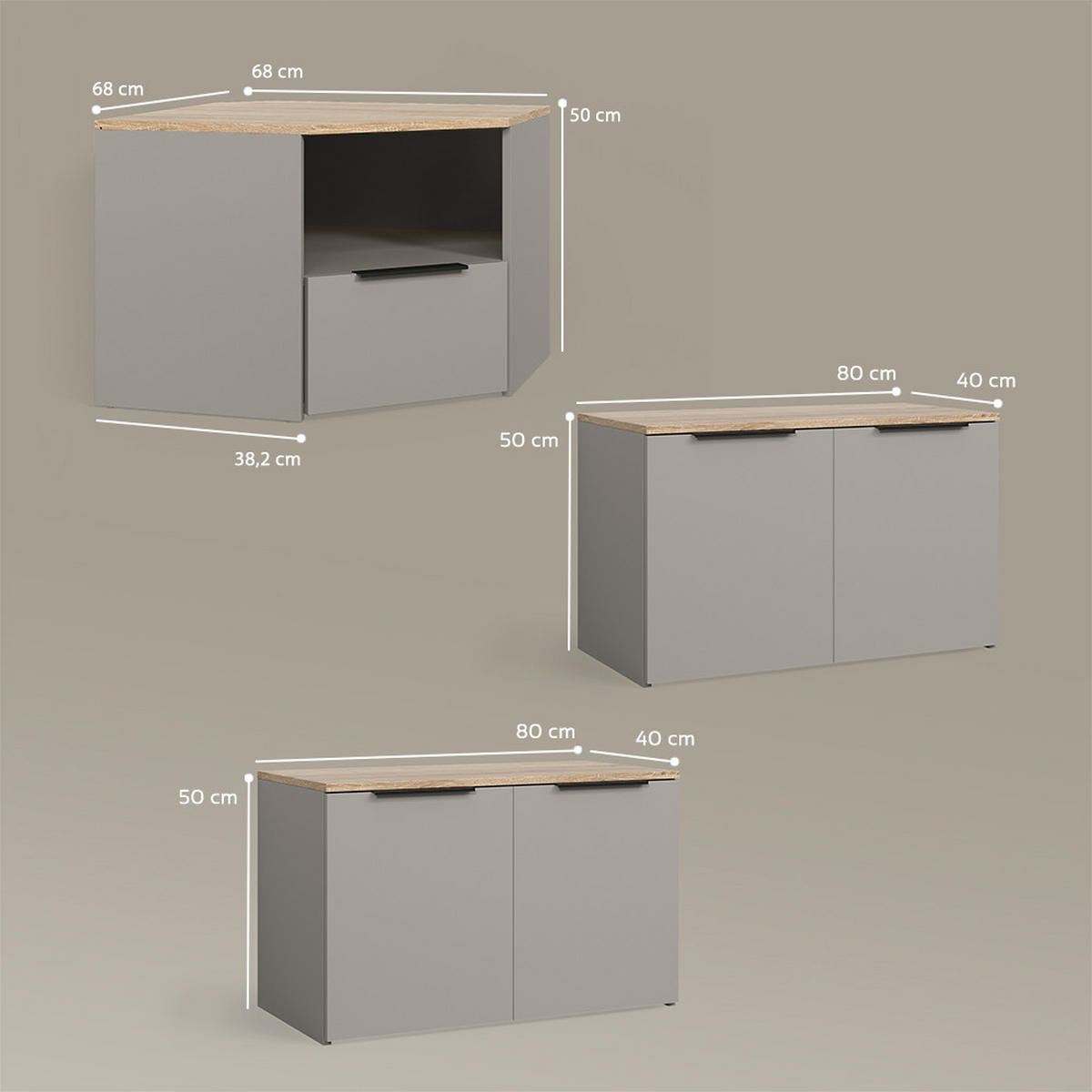 WOHNWAND Piave Greige 3 Teile - Greige, Holzwerkstoff (68/50/68cm) - Livinity®